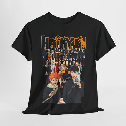 Premium black Haikyuu!! All-Stars T-Shirt presented elegantly, highlighting dynamic character artwork, ideal for fashionable anime lovers.