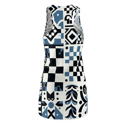 Stylish Lorelei Beaumont Racerback Dress by Dazzling Dreams Studio featuring chic patterned design with traditional block prints and modern checkerboard style on a white backdrop.