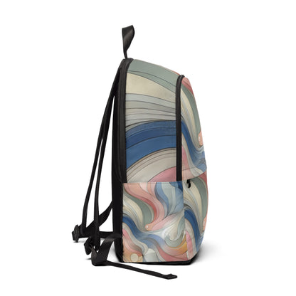 Side view of the Sweat Harmony: Ultimate Fitness Challenge Backpack displaying its unique swirl pattern and lightweight durable materials, ideal for style-conscious fitness enthusiasts.