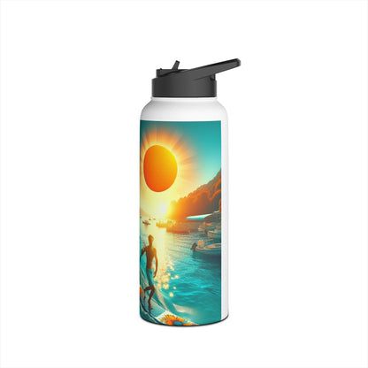 Chic Fantasy Paddleboarding Stainless Steel Water Bottle depicting a stunning sunset on the water with a paddler, ideal for discerning adventurers.