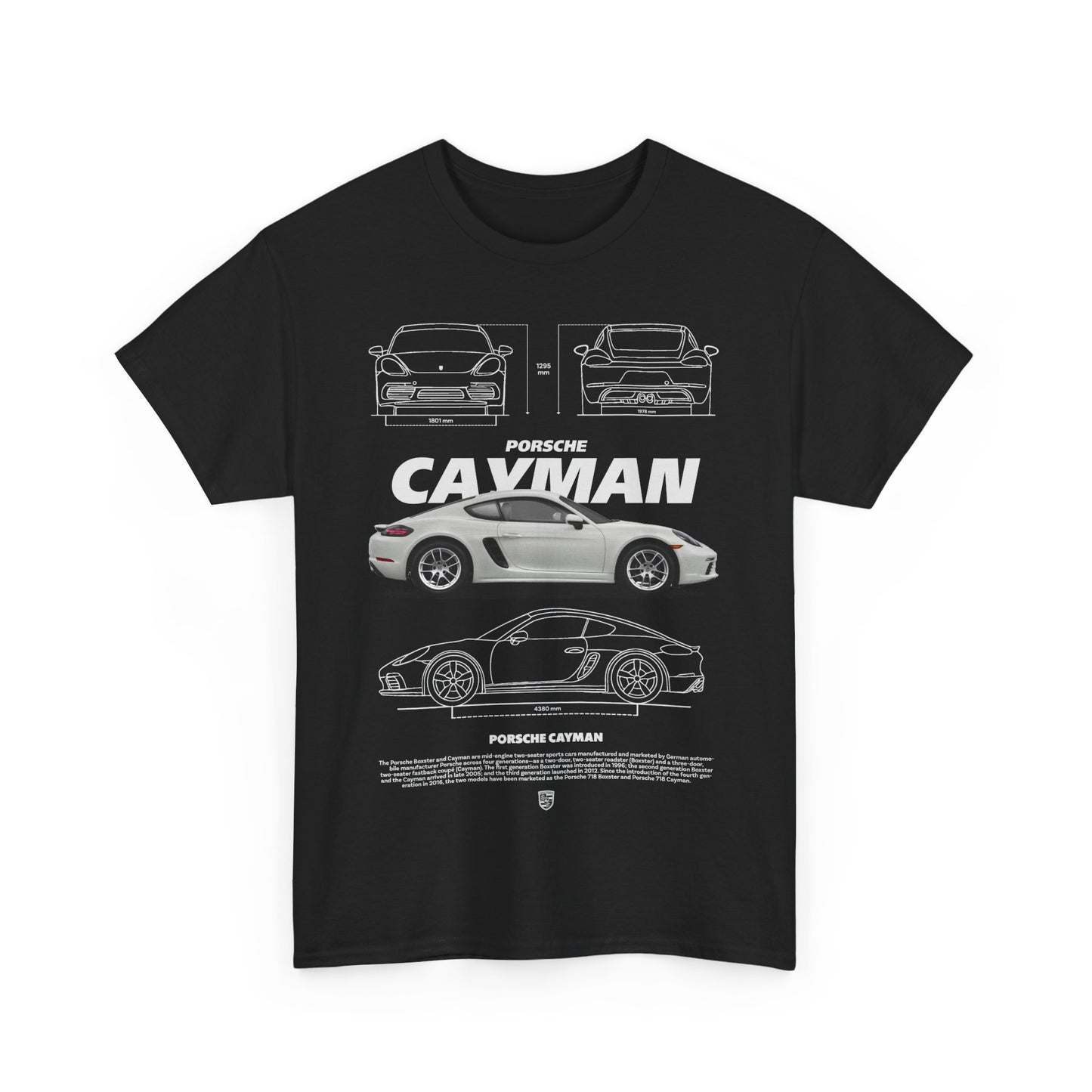 Chic black men's T-shirt featuring a striking illustration of a Porsche Cayman, highlighting its sophisticated design, perfect for luxury automotive aficionados.