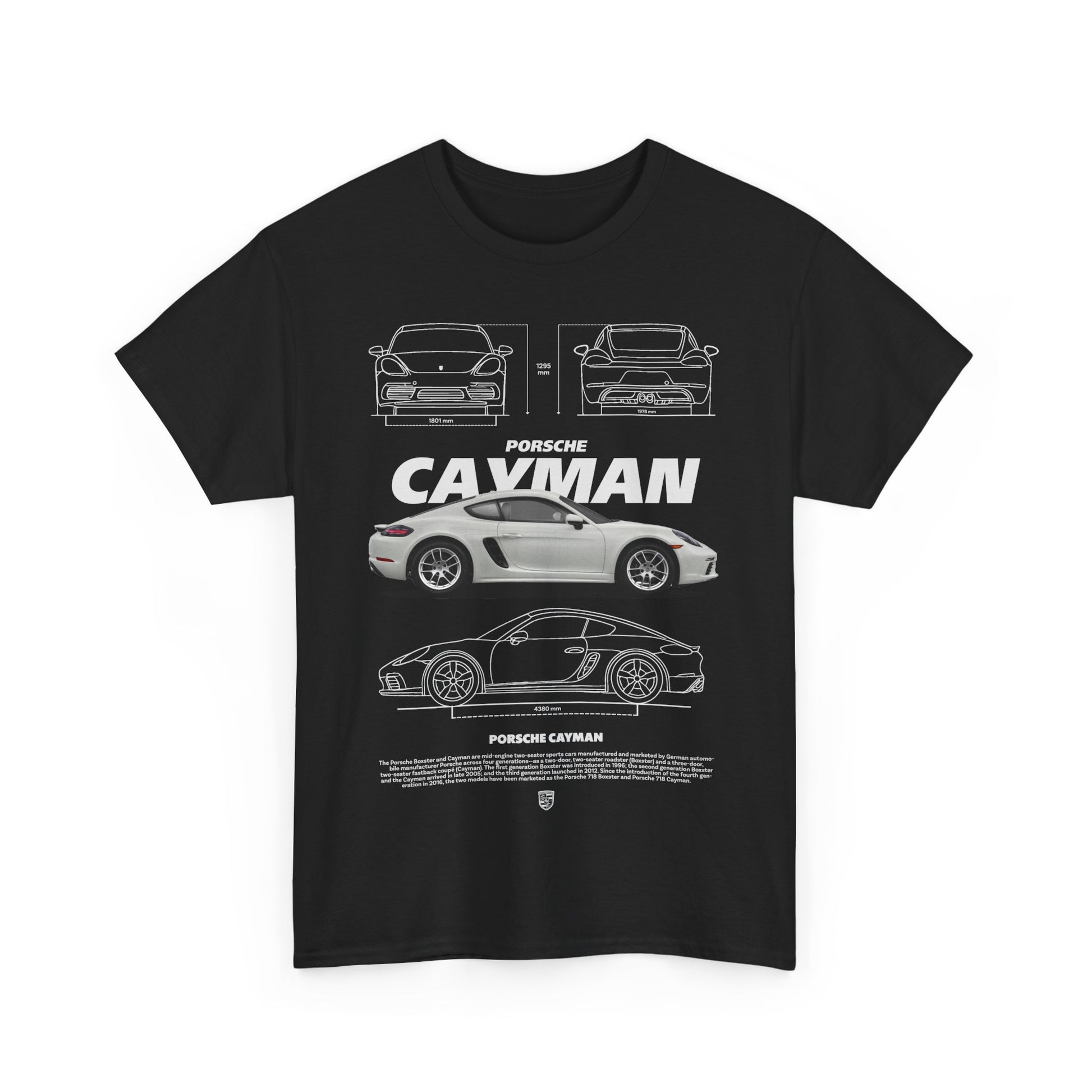 Chic black men's T-shirt featuring a striking illustration of a Porsche Cayman, highlighting its sophisticated design, perfect for luxury automotive aficionados.