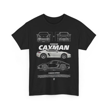 Chic black men's T-shirt featuring a striking illustration of a Porsche Cayman, highlighting its sophisticated design, perfect for luxury automotive aficionados.