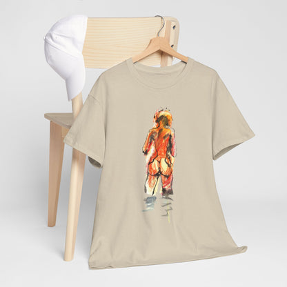 Chic unisex graphic t-shirt hanging near a stylish wooden chair, presenting a playful artistic motif designed for modern art lovers.