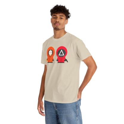 Model wearing the Squid Game South Park Unisex Men’s Women’s Graphic Cotton Funny T Shirt Tee, featuring a unique cartoon design that fuses elements from both Squid Game and South Park.