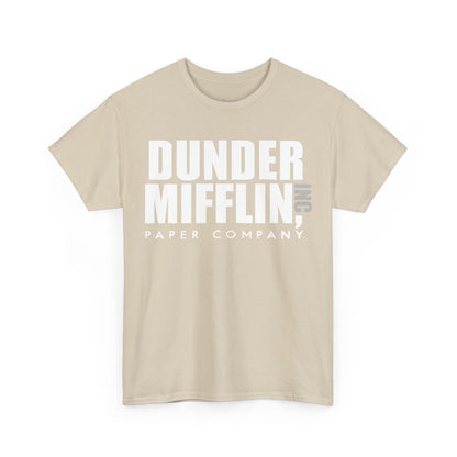 The Office Dunder Mifflin Logo Graphic T-Shirt in elegant beige, featuring striking white text that represents the iconic paper company, designed for discerning fans.