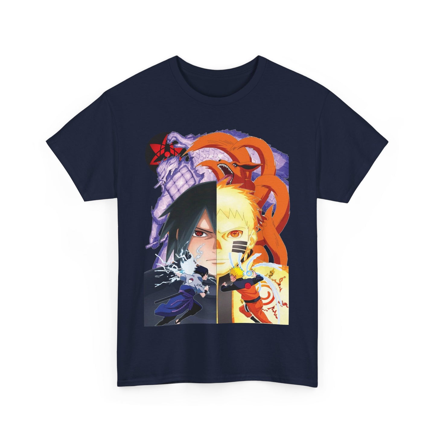 Stylish folded navy T-shirts showcasing an eye-catching split-screen artwork of Sasuke and Naruto engaged in an epic confrontation, perfect for discerning anime enthusiasts.