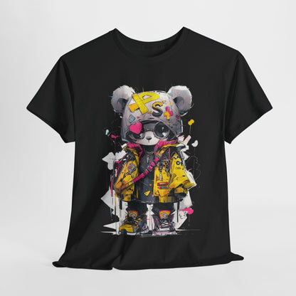 Elegant black T-shirt displaying a unique cartoon panda in fashionable attire, highlighting bright colours and bold fashion elements, suitable for contemporary wardrobes.