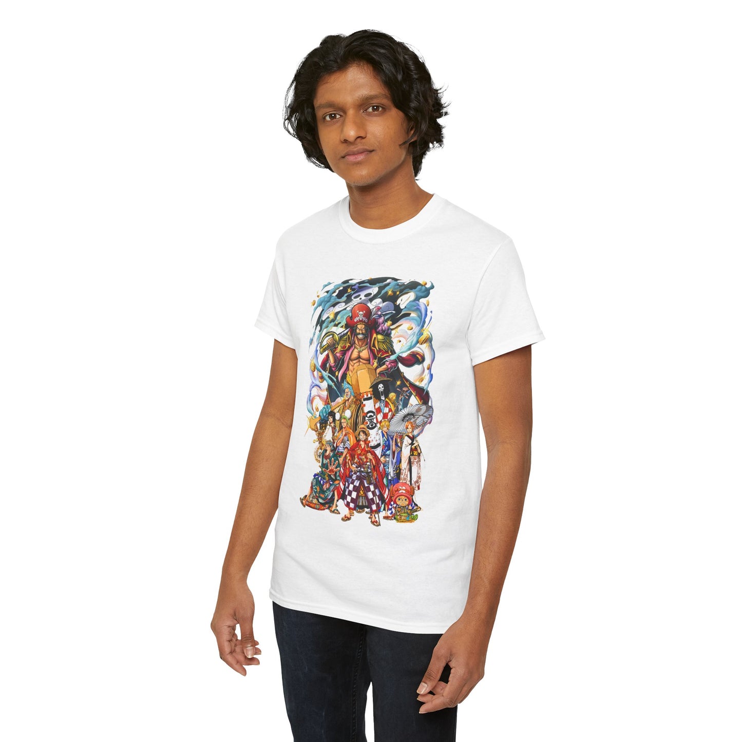 Sophisticated men's white T-shirt adorned with a dynamic anime graphic, displaying an array of beloved adventurous characters in a captivating arrangement.