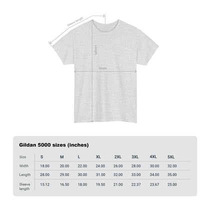 Detailed size guide for the Gildan 5000 unisex T-shirt, illustrating measurements for width, length, and sleeve length, displayed on a white background.