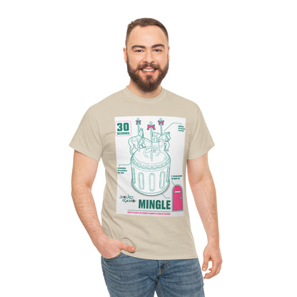 Stylish male model wearing a beige unisex Squid Game graphic t-shirt with a striking carousel horse design, ideal for trendy urban outfits.