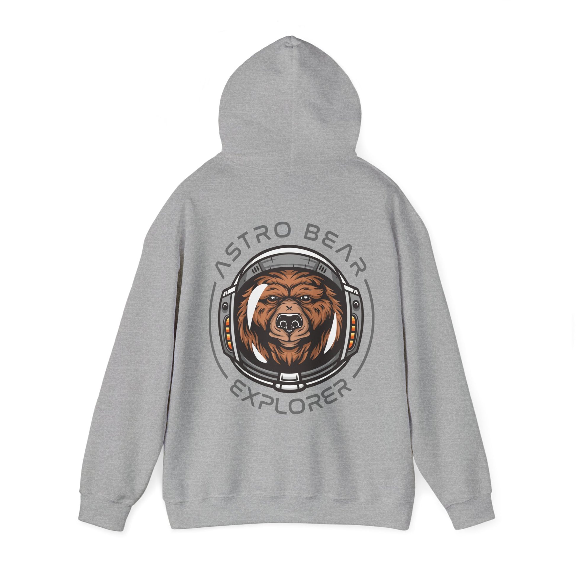 Stylish grey hoodie displaying an artistic back print of an astronaut bear, complete with 'ASTRO BEAR EXPLORER' text, combining comfort and chic design for the adventurous spirit.