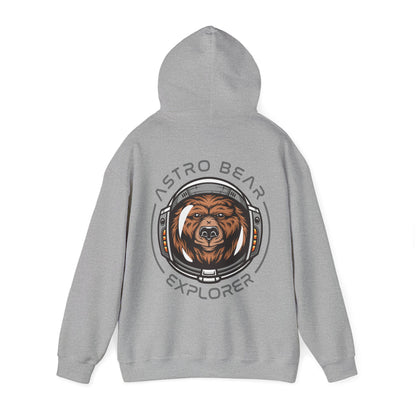Stylish grey hoodie displaying an artistic back print of an astronaut bear, complete with 'ASTRO BEAR EXPLORER' text, combining comfort and chic design for the adventurous spirit.