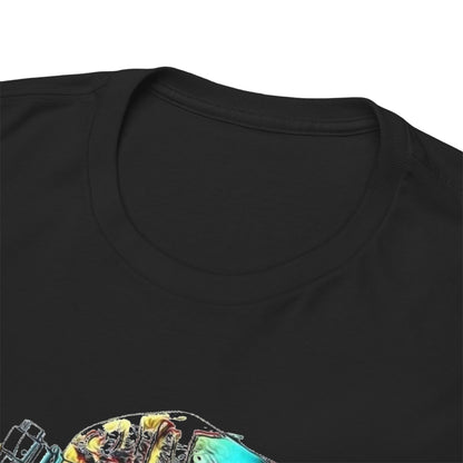 Close-up of premium black t-shirt neckline showcasing intricate stylized skull graphic and luxurious fabric finish.