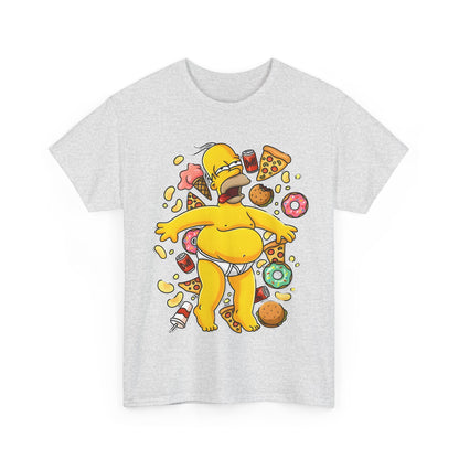 Front view of the light grey unisex cotton tee featuring 'Homer's Gluttonous Glory' design with Homer Simpson and various delicious treats.
