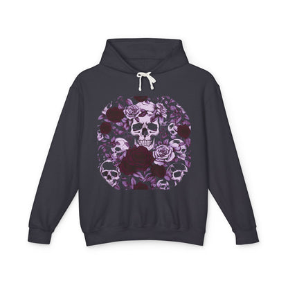 Unisex Lightweight Hooded Sweatshirt in dark hues, displaying a unique designer skull and roses artwork, perfect for fashion-forward individuals.