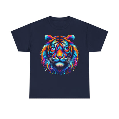 Tiger's Whimsy Graphic Tee - Unisex artistic t-shirt in navy blue displaying a striking kaleidoscopic tiger design, exuding vibrant creativity and luxury.