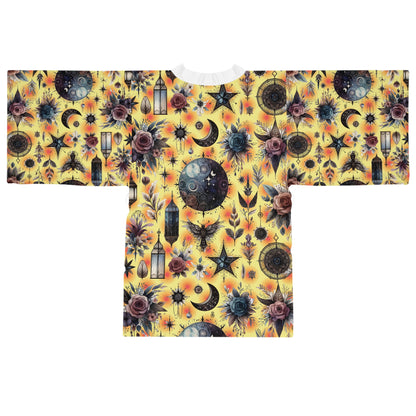 Floral Kimono Robe presenting a luxurious blend of floral elements and celestial designs, perfect for chic, comfortable wear.