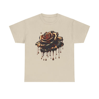 Close-Up Abstract Rose Unisex Cotton Tee Graphic T Shirt on a beige backdrop, displaying an intricate rose design that combines elegance and modern artistry.