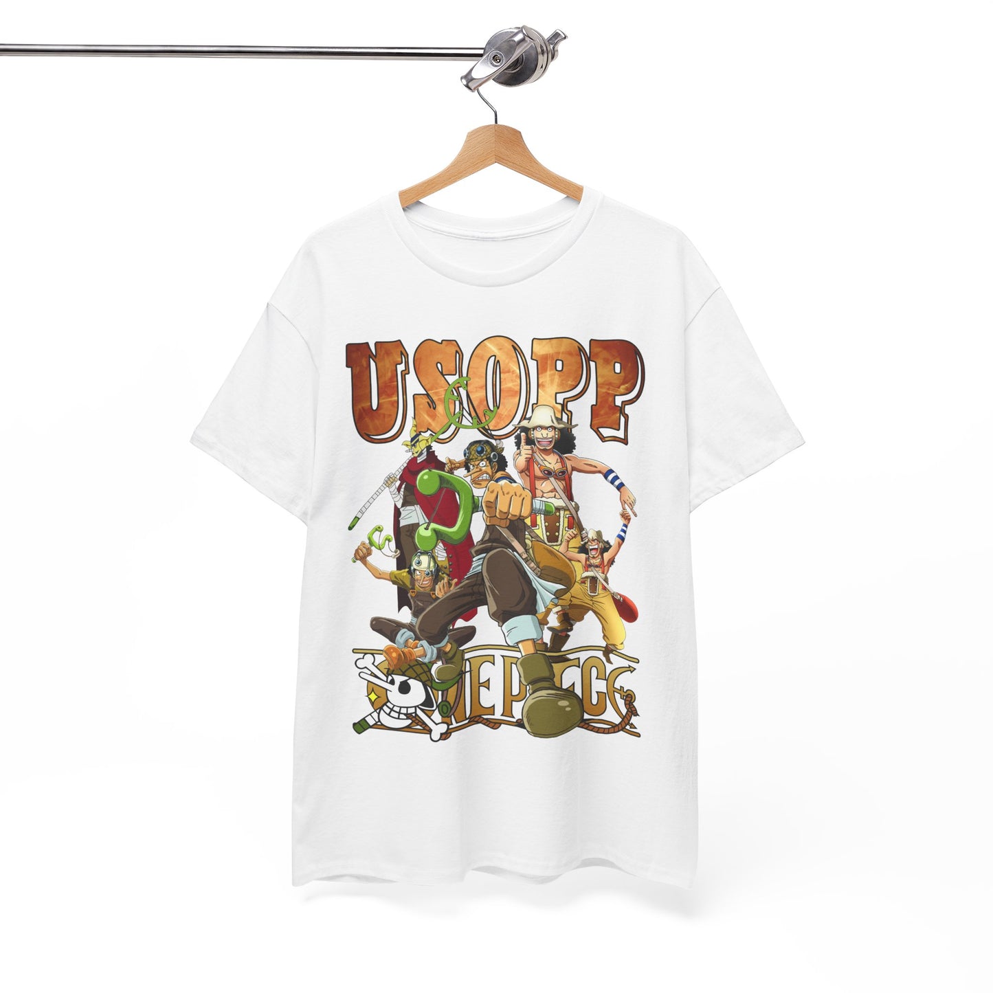 Luxury Usopp T-shirt showcasing vibrant anime characters and dynamic graphic design, perfect for stylish fans of epic adventures.