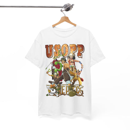 Luxury Usopp T-shirt showcasing vibrant anime characters and dynamic graphic design, perfect for stylish fans of epic adventures.