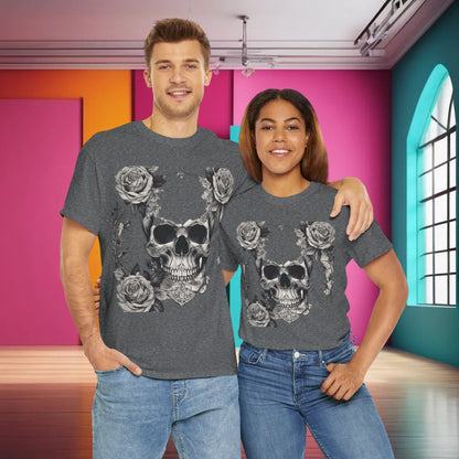 Skulls and Roses Cotton Tee displayed on a man and woman, showcasing the striking steampunk design in a vibrant indoor setting.