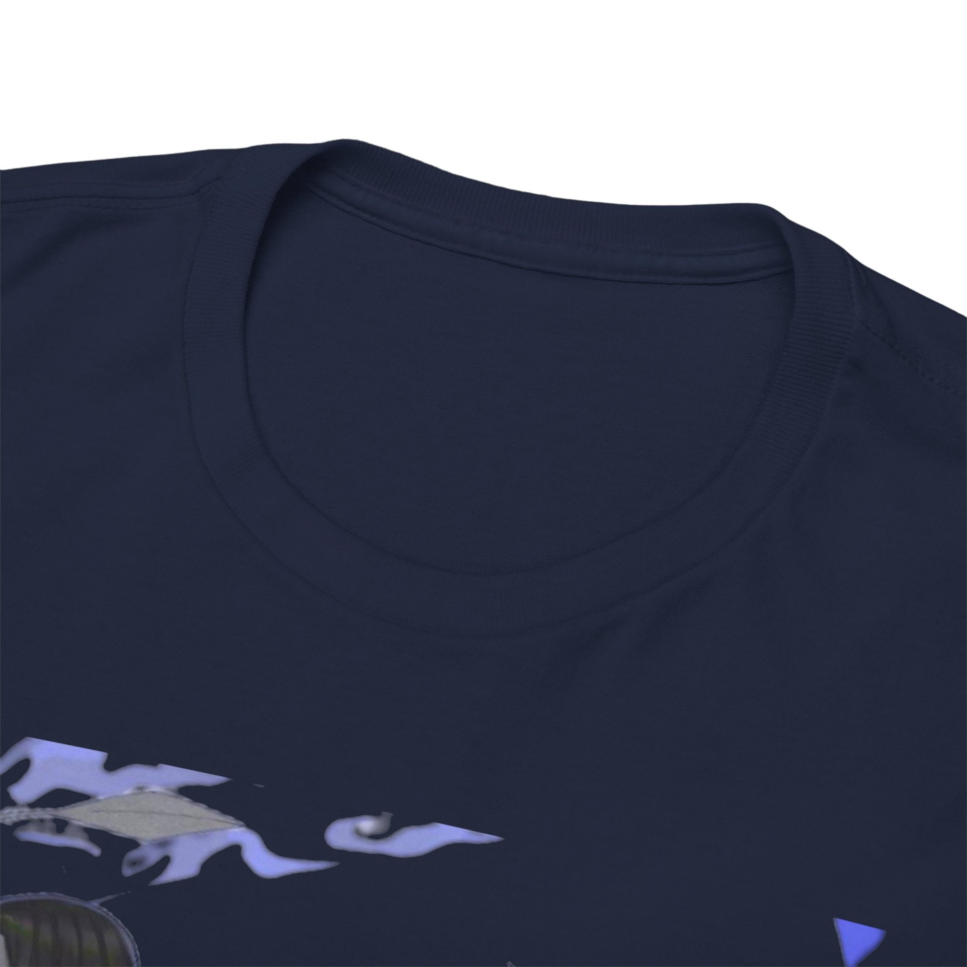 Luxurious close-up shot of a navy Hunter x Hunter themed T-shirt neckline, showcasing its premium fabric texture.