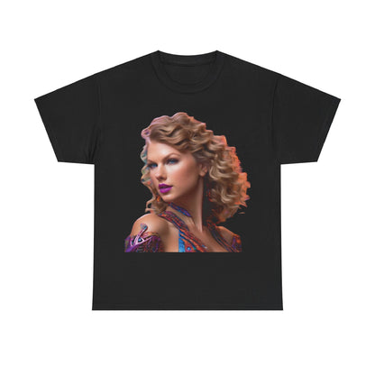 Swifties psychedelic Taylor Swift Heavy Cotton Tee featuring a vibrant image of the artist, designed for ultimate comfort and style.