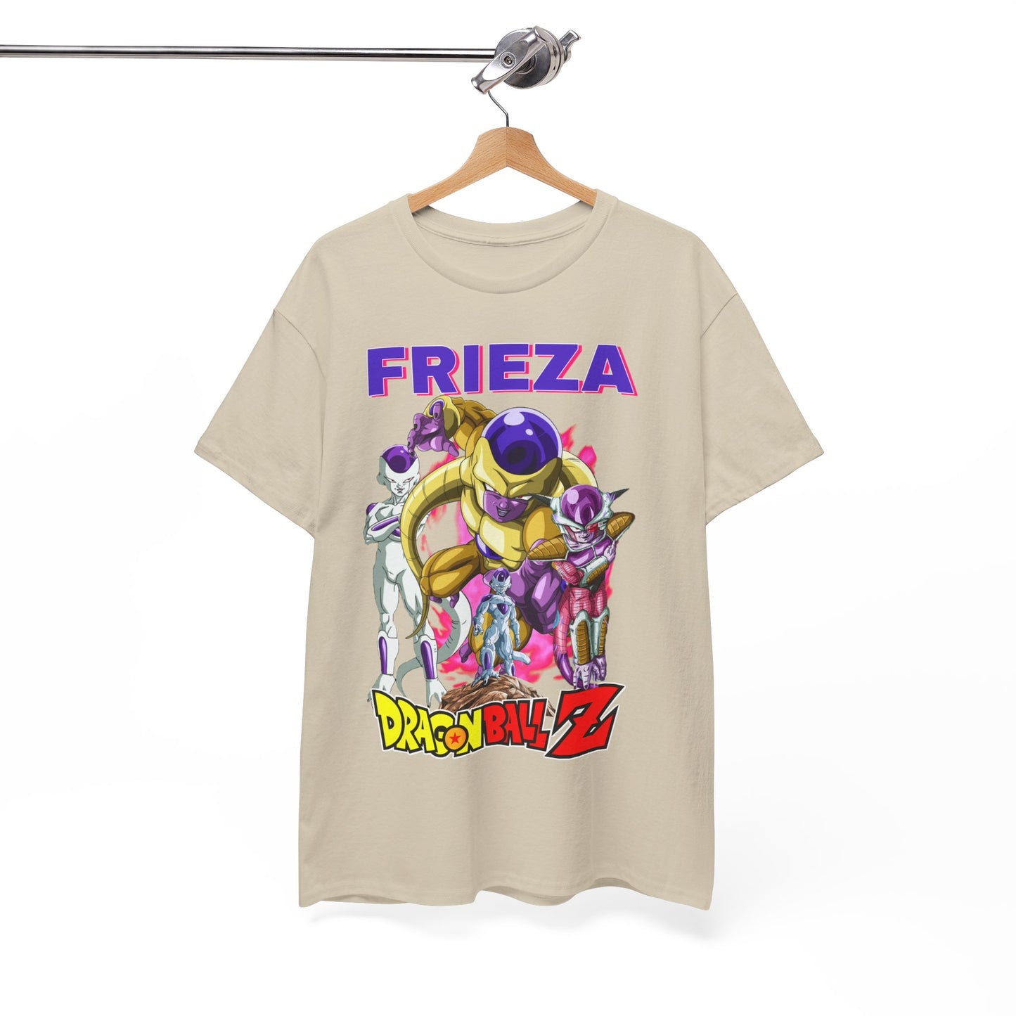 Elegant Dragon Ball Z Frieza T-shirt displayed on a hanger, illustrating exquisite design details and bold graphics ideal for anime enthusiasts.