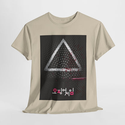 Squid Game Unisex Men's Women's Graphic Cotton Funny T Shirt featuring a striking triangular design on a beige background, embodying the essence of street urban fashion.
