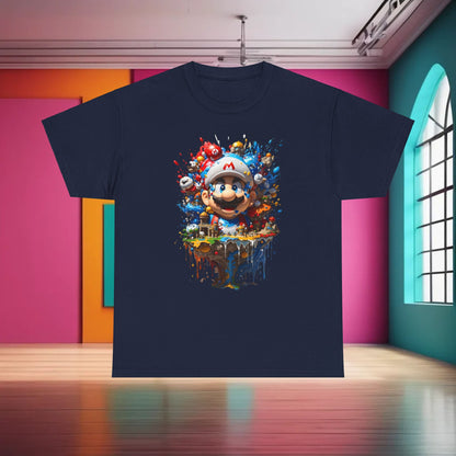 M a r i o ' s Colorful Adventure Graphic T-Shirt in navy, displaying a charming design of Mario with an artistic backdrop of bright colours and playful details, a must-have for gaming enthusiasts.