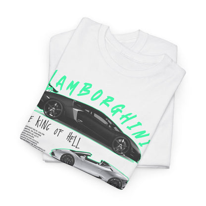 Folded Lamborghini Aventador graphic t-shirt showcasing the sleek design and striking colours, perfect for automotive enthusiasts.