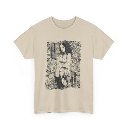 Front view of a stylish beige men's t-shirt featuring an ornate graphic design of a queen, exuding elegance and artistry.