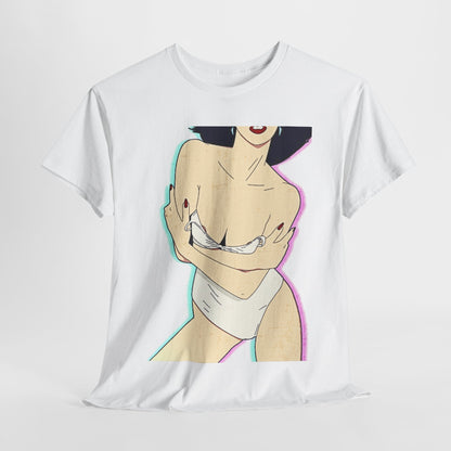 Luxury unisex graphic T-shirt featuring a stylised female figure in a suggestive pose, elegantly draped in a low-cut top, illustrated in vintage pin-up art style with bold outlines and soft pastel gradient background.