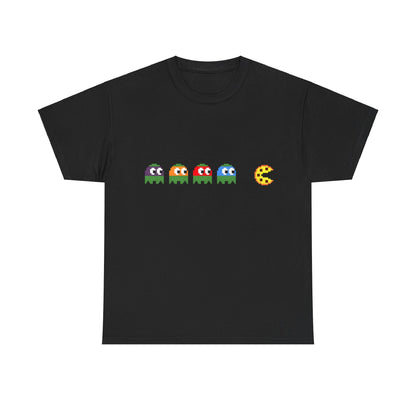 Teenage Mutant Ninja Turtles Pizza Pacman Graphic Unisex Tee Shirt in black, featuring pixelated ghost characters and a pizza icon, showcasing retro gaming nostalgia and vibrant design.