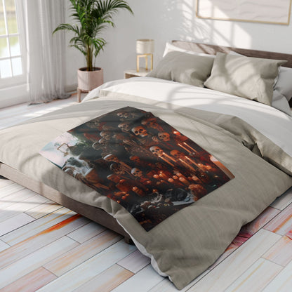 Decorative and Warm Halloween Spooky Arctic Fleece Blanket elegantly placed on a bed, offering a sophisticated accent to the Halloween-themed bedroom decor.