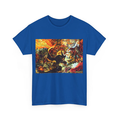 Discworld Equal Rites Graphic Unisex Tee - Vibrant artistic representation featuring whimsical characters from Terry Pratchett’s narrative on a blue t-shirt.