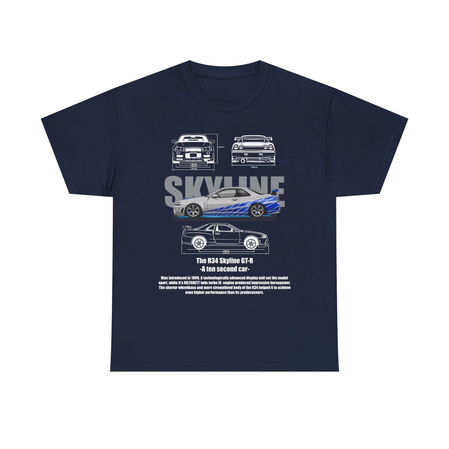 Men's R34 Skyline GT-R T-shirt in navy, showcasing intricate illustrations of the classic car model alongside dynamic blue racing stripes, perfect for stylish car lovers.