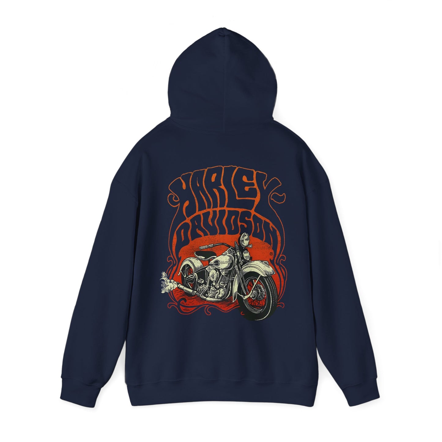 Elegant navy hoodie with a captivating Harley Davidson back print, highlighting intricate vintage motorcycle design and alluring typography.
