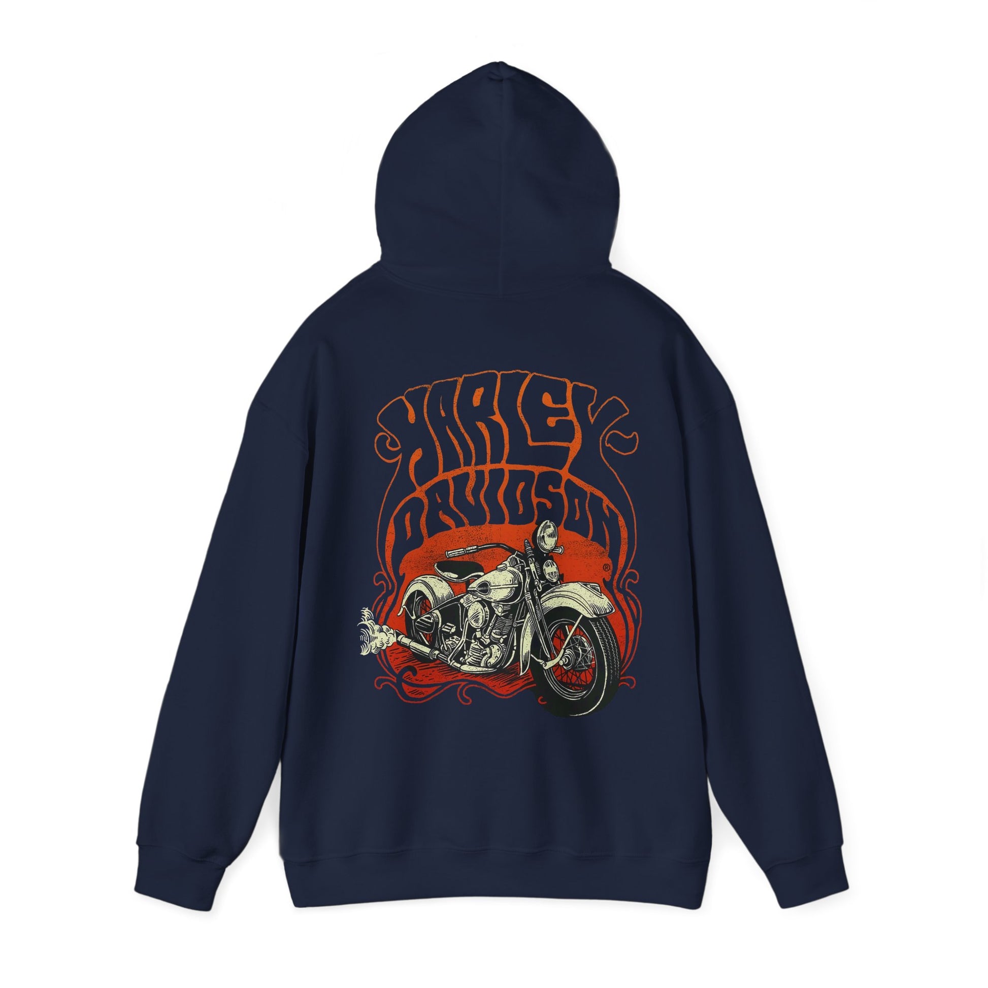 Elegant navy hoodie with a captivating Harley Davidson back print, highlighting intricate vintage motorcycle design and alluring typography.