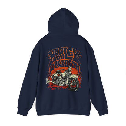 Elegant navy hoodie with a captivating Harley Davidson back print, highlighting intricate vintage motorcycle design and alluring typography.