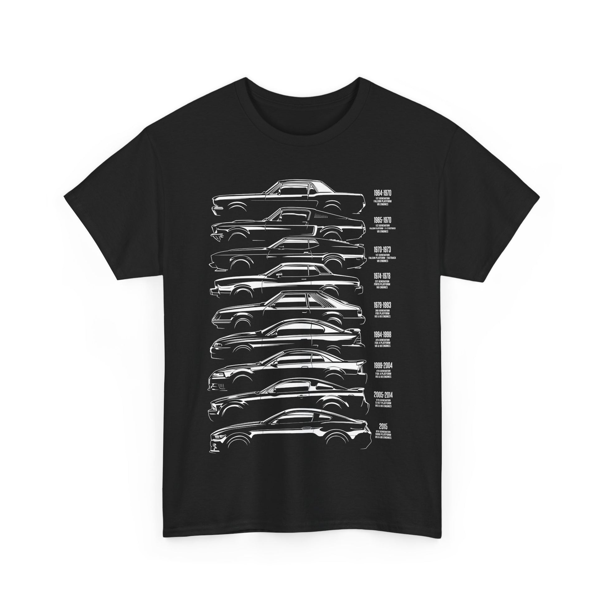 Timeless Ford Mustang Evolution Tee displayed in elegant black, featuring a vertical timeline of Mustang profiles, ideal for automotive aficionados.