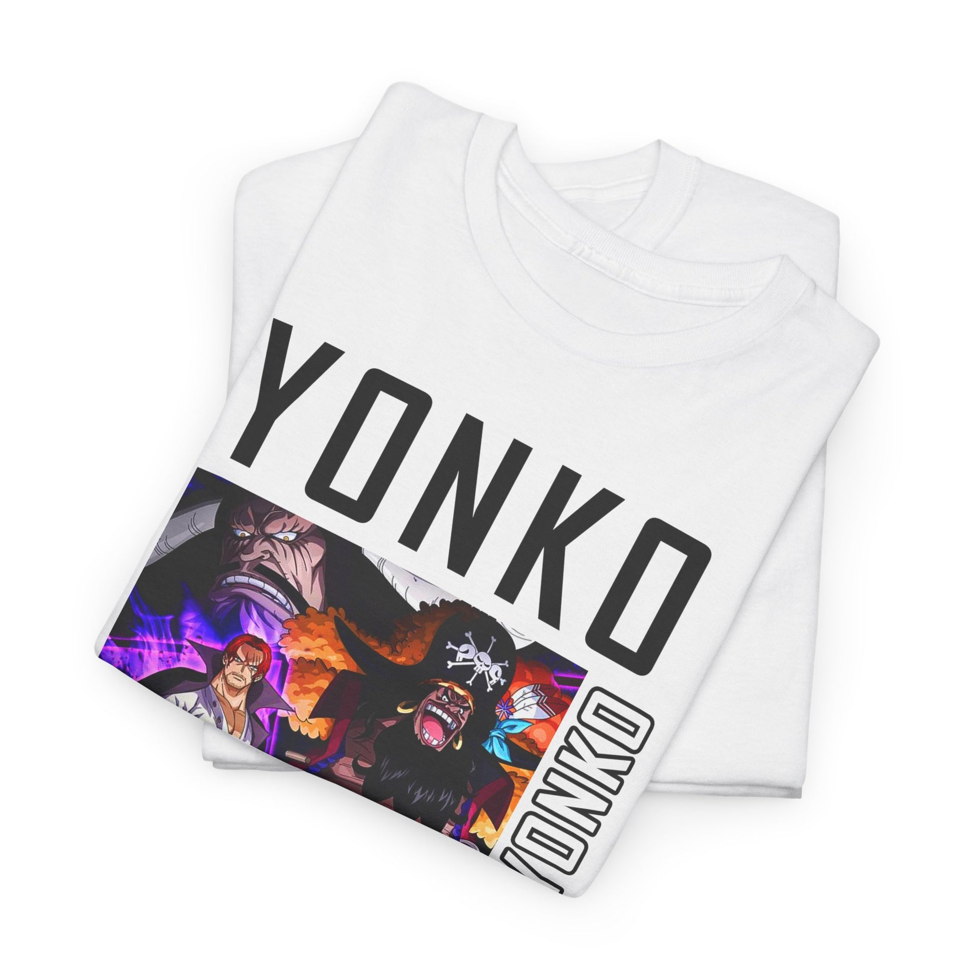 Luxurious YONKO graphic tee featuring iconic anime characters Shanks, Kaido, and Big Mom, elegantly displayed on a pristine white fabric, perfect for fashionable streetwear.