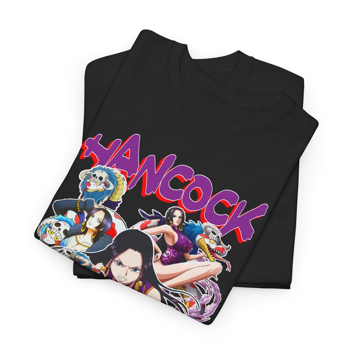 Stylish two-fold black t-shirt displaying striking artwork of Boa Hancock from One Piece, with bright, bold lettering and intricate character details, epitomising luxury and fandom.