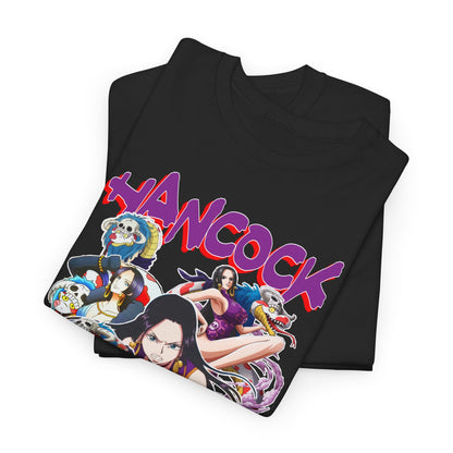Stylish two-fold black t-shirt displaying striking artwork of Boa Hancock from One Piece, with bright, bold lettering and intricate character details, epitomising luxury and fandom.