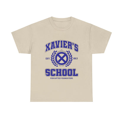 Xavier's School for Gifted Youngsters X-Men Logo Graphic Unisex Tee Shirt in beige, displaying a striking blue design of the renowned X-Men logo, perfect for sophisticated fans of superhero culture.