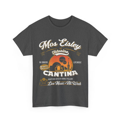 Luxurious dark grey graphic t-shirt displaying a vintage Mos Eisley Cantina design, celebrating the Star Wars universe, perfect for fashion-forward fans.