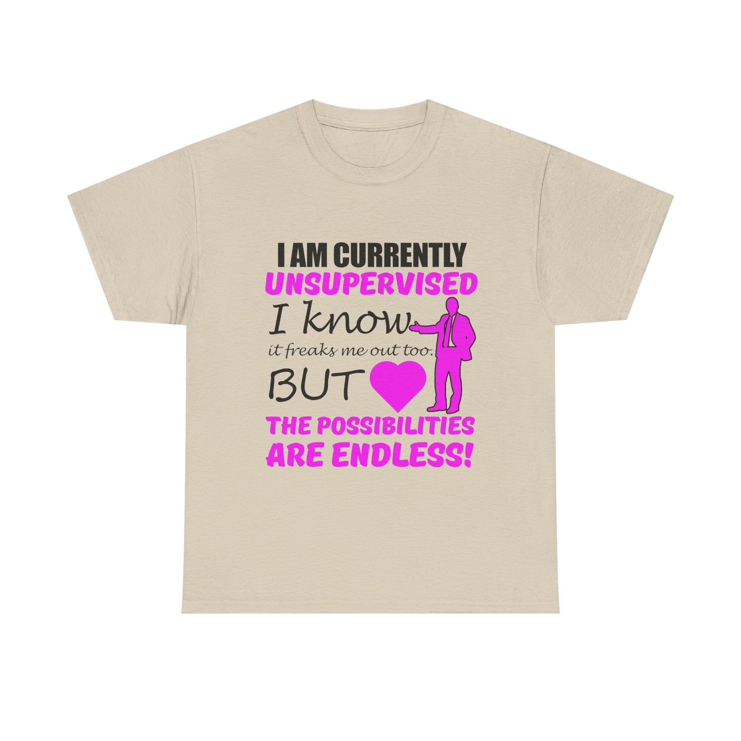 Chic beige men's graphic t-shirt displaying a captivating design that reads 'I AM CURRENTLY UNSUPERVISED', embellished with stylish cursive and dynamic hot pink details.