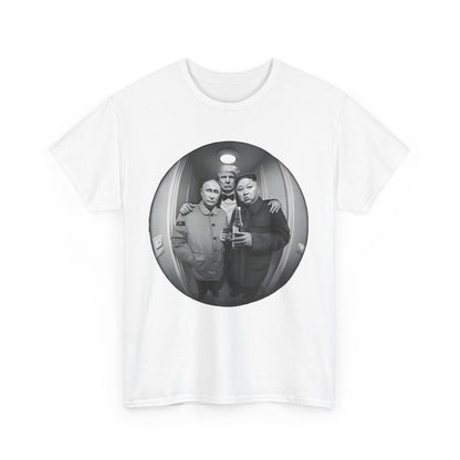 Elegant white t-shirt showcasing a captivating black and white graphic of renowned leaders, designed to evoke curiosity and conversation, ideal for sophisticated wardrobes.