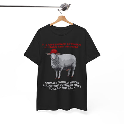 Sophisticated black t-shirt hung on a stylish hanger, presenting a quirky sheep graphic with the text 'The difference between humans and animals' for a modern, satirical twist.